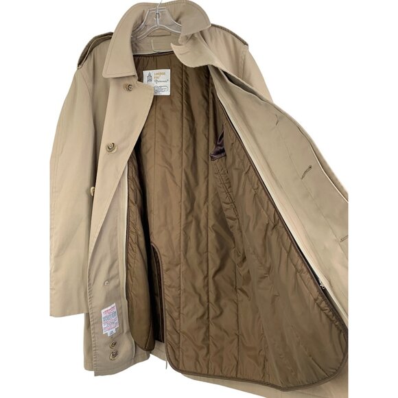 VTG London Fog Mens Trench Over Coat Zip Liner Size 44R USA Tan Pockets  8552 - Picture 3 of 11